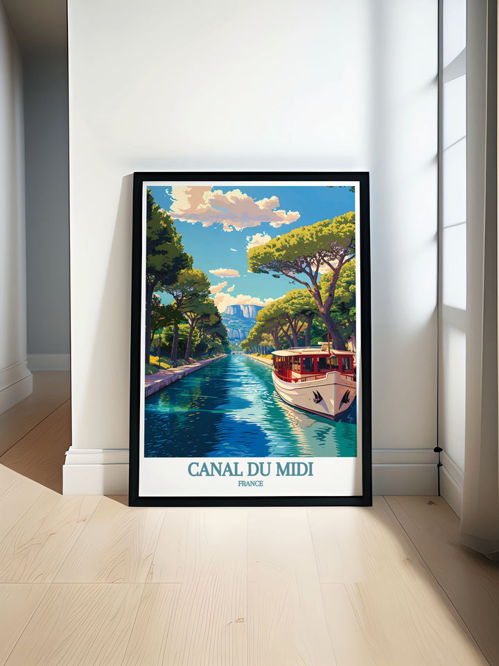 Canal du Midi vintage travel print showcasing the serene waters of Beziers and Carcassonne perfect for home decor and French travel enthusiasts