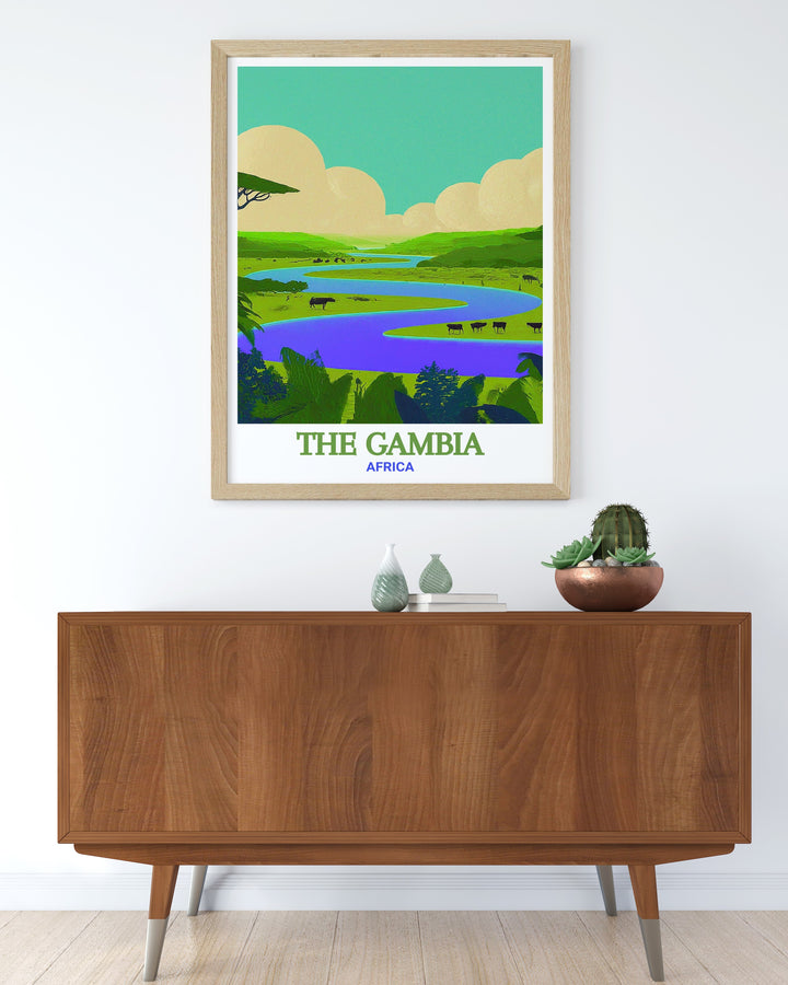 The Gambia poster collection featuring River Gambia National Park. This art print brings the serene and vibrant vibes of the park into your home. Ideal for nature and travel enthusiasts, this print adds a unique touch to your home decor with its vibrant and detailed design.