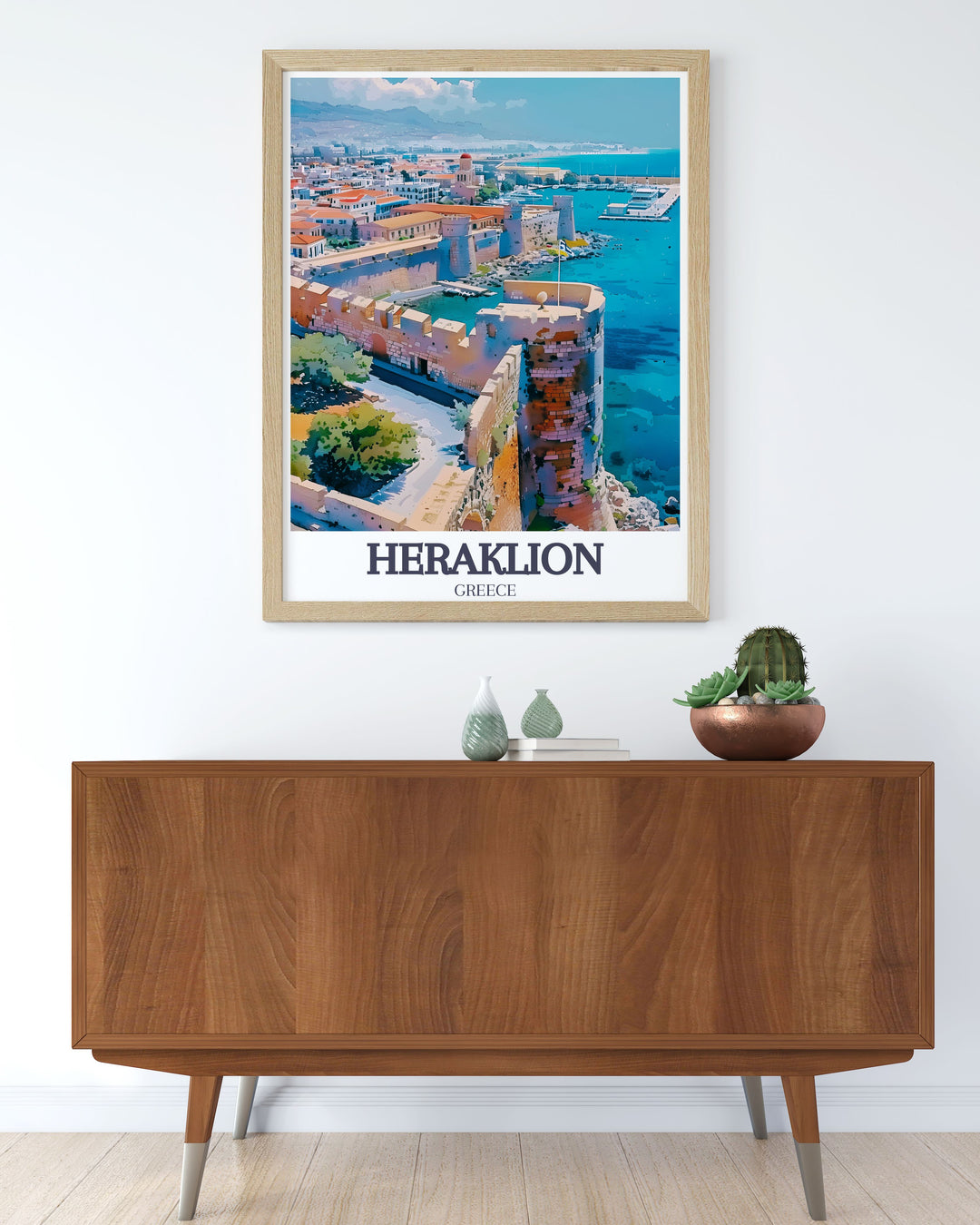 Travel poster of the Old Harbor in Heraklion, Crete, Greece, showcasing its historical significance and tranquil beauty. The detailed illustration captures the harbors lively atmosphere and architectural charm, making it ideal for any travel enthusiast.
