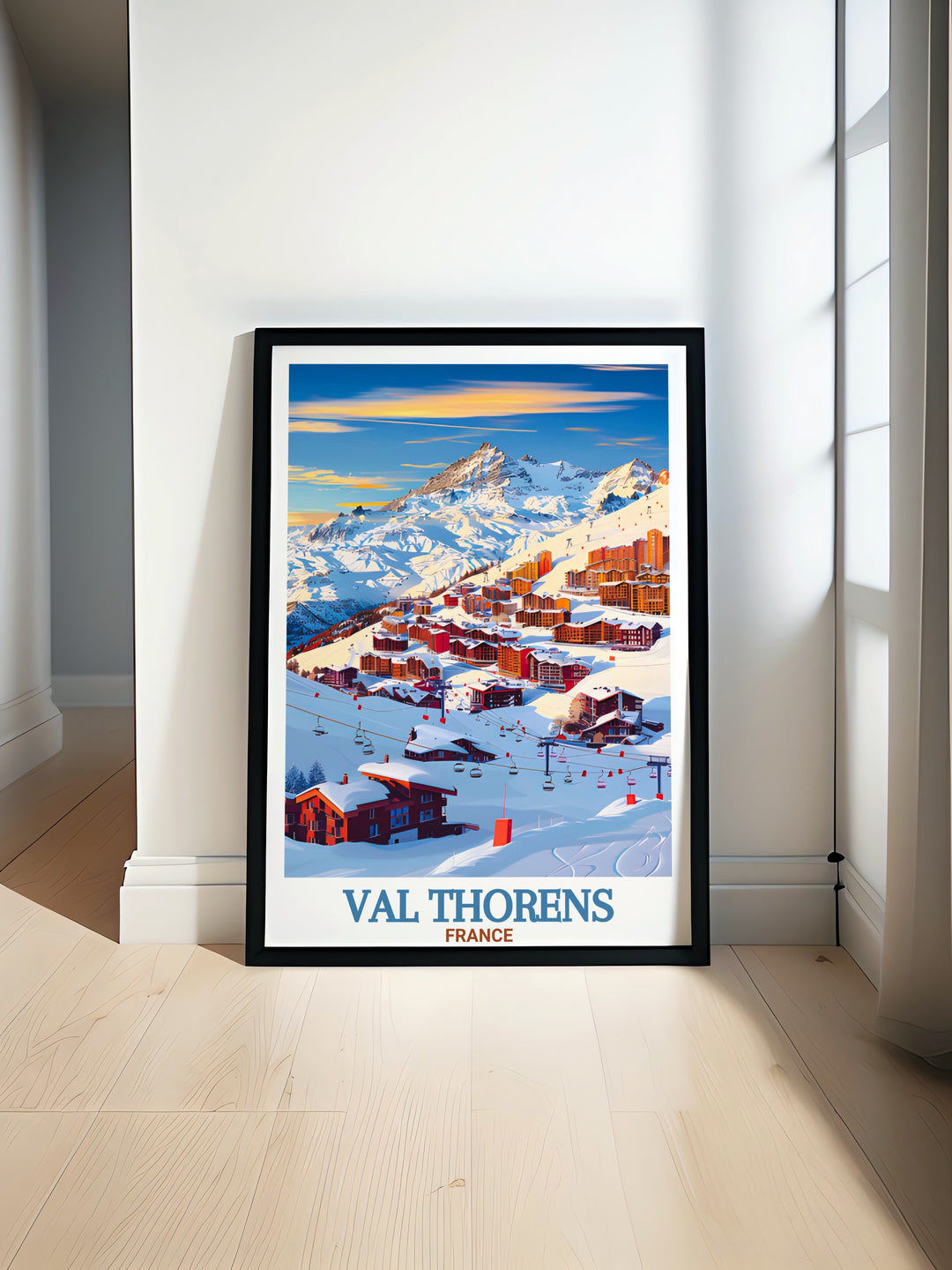 Val Thorens Ski Resort poster print perfect for adding a touch of alpine charm to your home skiing wall art featuring stunning mountain views and thrilling slopes ideal for those who love skiing and winter landscapes elegant addition to any room or office.