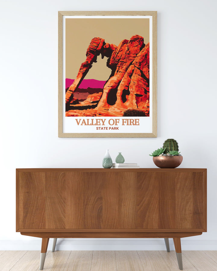 Valley of Fire State Park print featuring Elephant Rock. This artwork showcases the stunning red sandstone and the unique formation of the arch, perfect for anyone who loves Nevadas natural beauty and geological wonders.