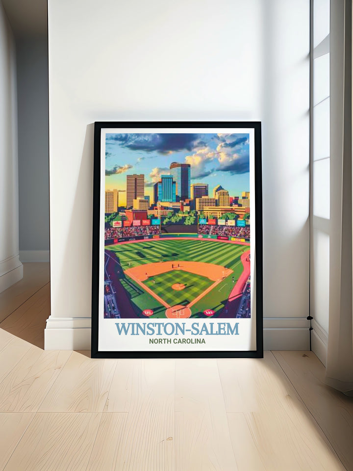 Travel print of Winston Salem highlighting BB&T Ballpark. This vibrant artwork is ideal for those who love cityscapes and urban decor, bringing the lively atmosphere of the ballpark into your home.