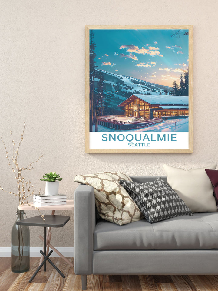 Immerse yourself in the adventurous spirit of Snoqualmie with this travel poster, highlighting the iconic slopes and the welcoming ambiance of Summit Central Lodge.