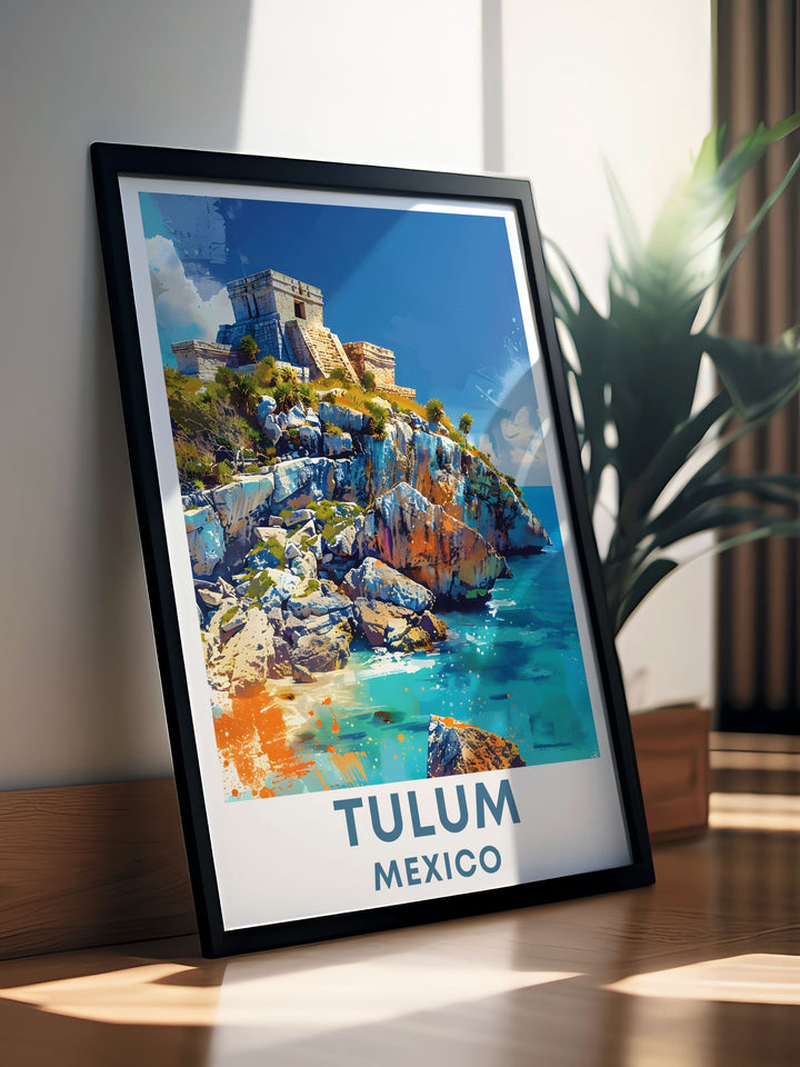 Featuring the stunning coastal ruins of Tulum, this poster offers a visual representation of one of Mexicos most serene and historic destinations, ideal for history and beach lovers.