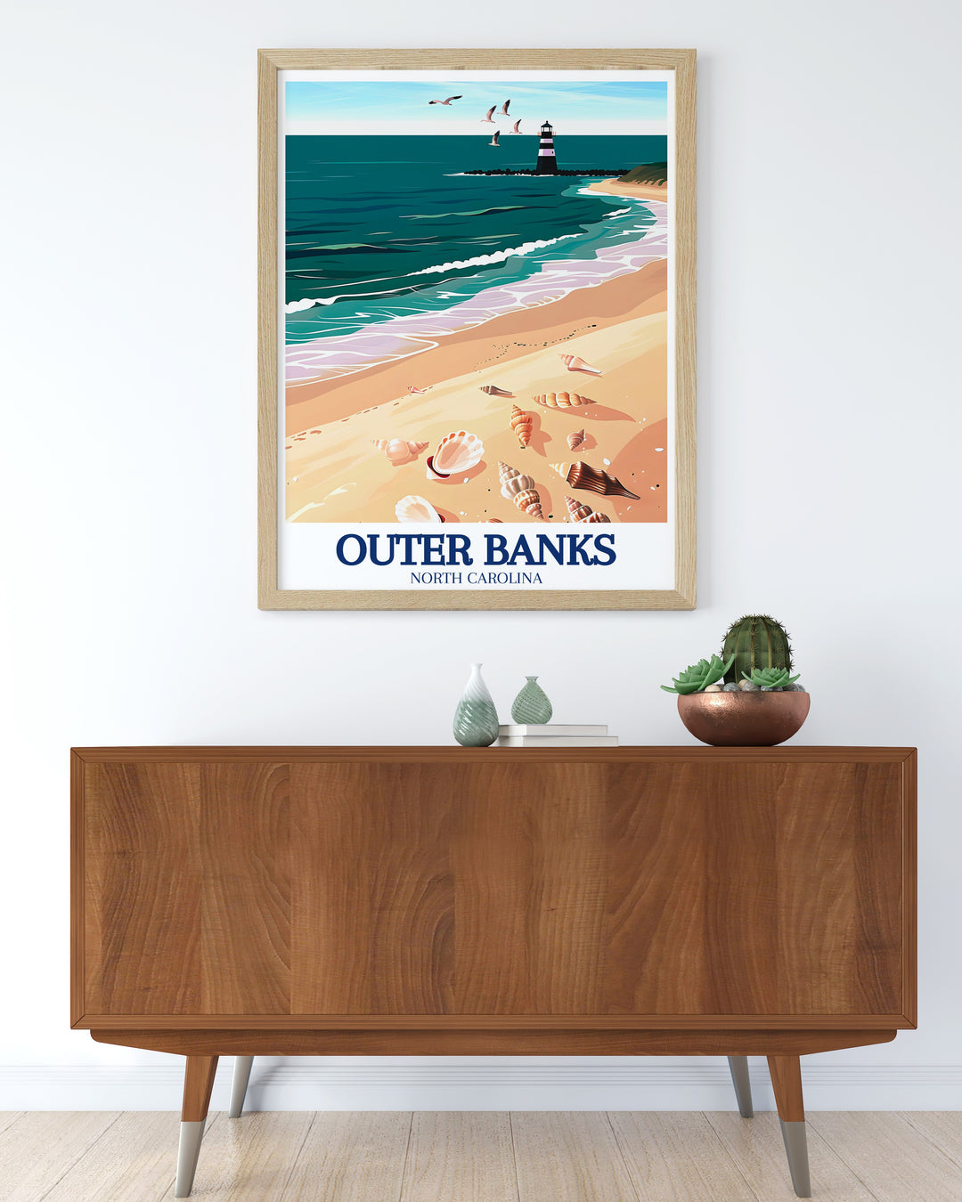 Outer Banks Poster Print capturing the scenic beauty of North Carolinas coastline, featuring expansive beaches, historic lighthouses, and the serene Atlantic Ocean. This detailed artwork is perfect for those who love coastal landscapes and maritime history, adding a touch of coastal charm to any room in your home.