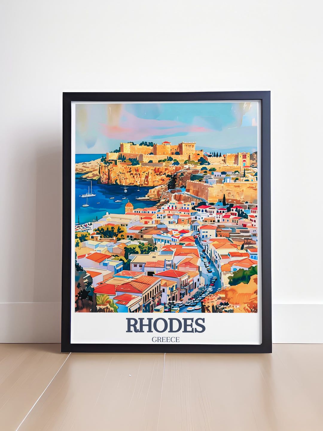 Add a piece of Greek history to your decor with this Old Town of Rhodes poster. The intricate Palace of the Grand Master shines in this art print, capturing the essence of Rhodes in a travel poster designed for enthusiasts of architecture and culture.