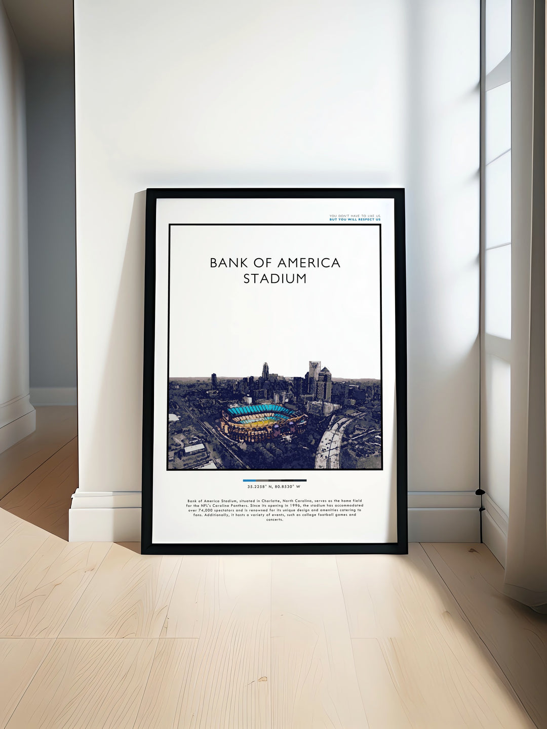 Modern sports art featuring the Carolina Panthers and Bank of America Stadium ideal for sports bedroom art or sports office art adding a stylish touch to any room perfect for football enthusiasts seeking elegant home decor.