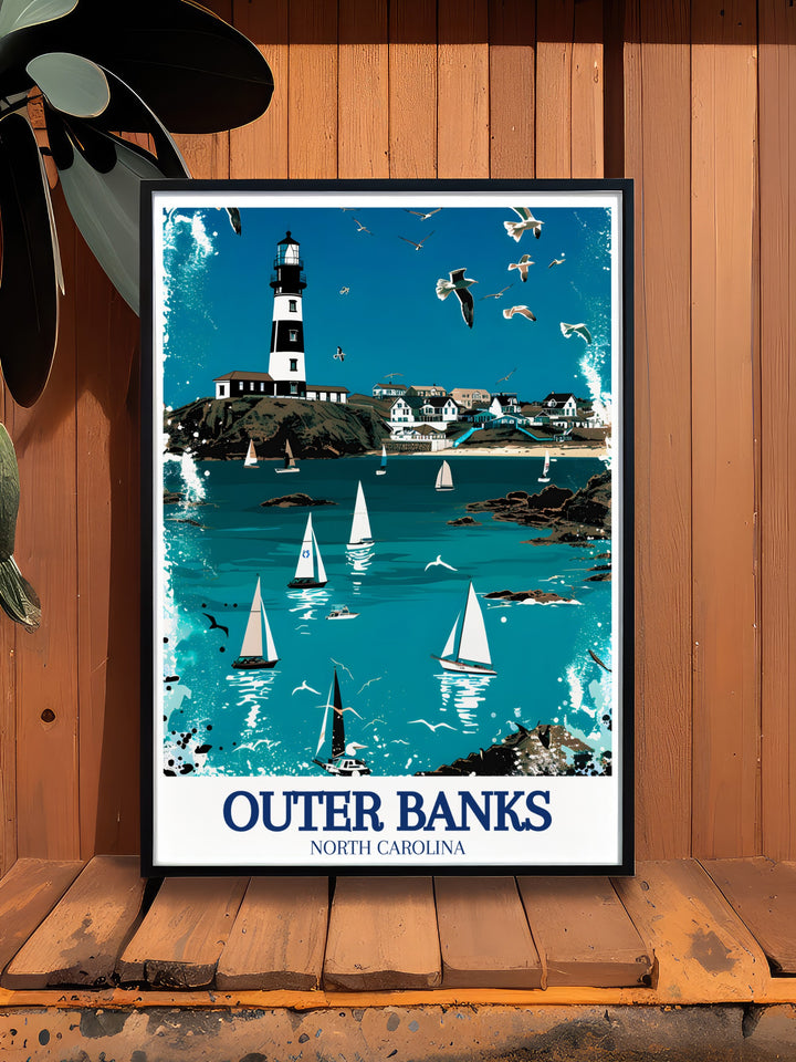 Atlantic Ocean Travel Poster capturing the endless horizon and soothing waves of the Atlantic Ocean as seen from the Outer Banks. The poster is ideal for those who love the sea and seek to bring a sense of tranquility into their living space. Perfect for coastal and nautical themed decor.