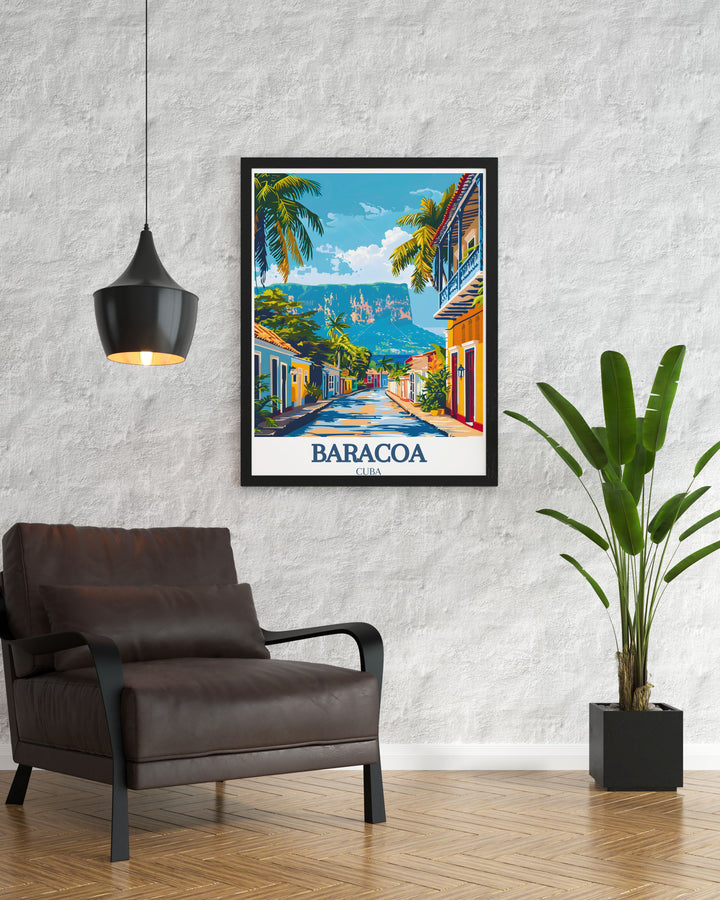 Stylish Cuban city map highlighting Baracoas key landmarks, including El Yunque and Baracoa town. Perfect for birthday or Christmas gifts, this print offers a unique and artistic representation of one of Cubas most historic cities.