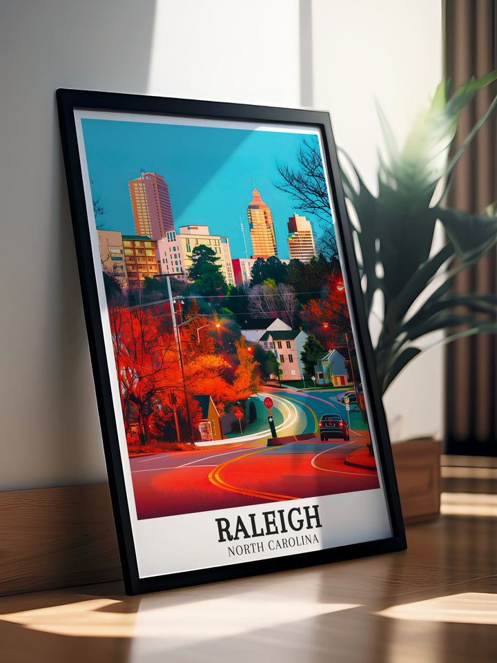 Beautiful Raleigh travel print highlighting the sleek skyline of Raleigh and the groundbreaking work of the Research Triangle. The artwork celebrates the blend of history, culture, and innovation in North Carolina, making it a timeless addition to any collection