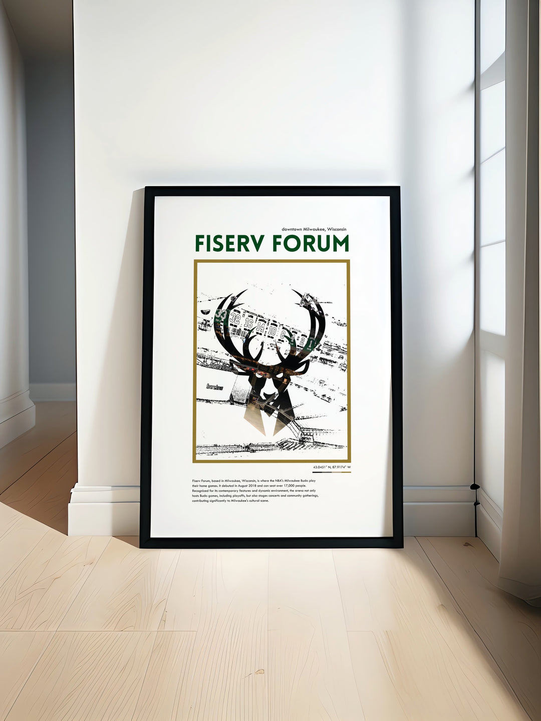 Fiserv Forum travel poster featuring Giannis Antetokounmpo and the Milwaukee Bucks stars including Khris Middleton and Pat Connaughton perfect for sports fans looking to add basketball inspired wall art to their home decor or as unique birthday gifts