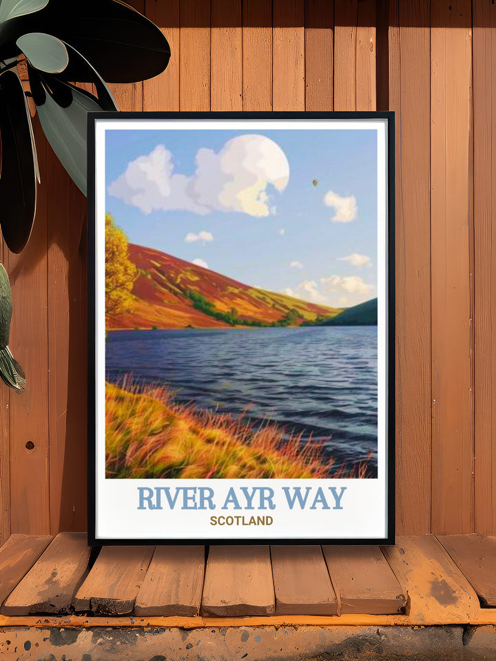 River Ayr Way and Glenbuck Loch wall art capturing the scenic beauty and historical significance of these landmarks in Scotland. This travel print brings the adventurous spirit of the River Ayr Way into your home, perfect for nature enthusiasts and hikers.