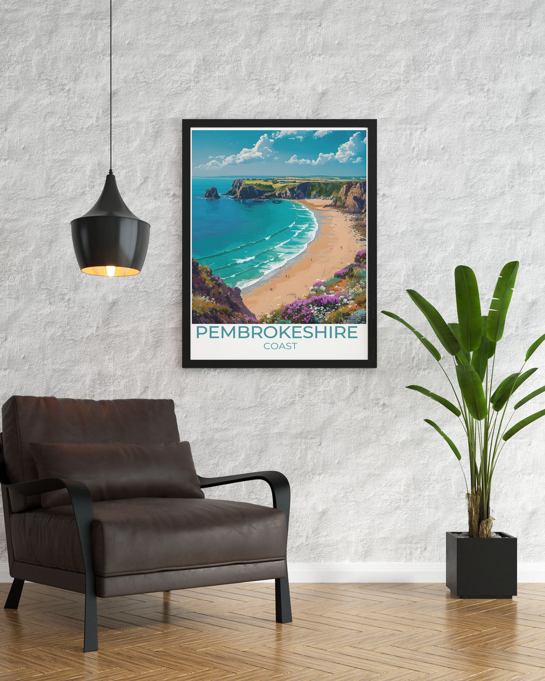 National Park print showcasing Barafundle Bay in Pembrokeshire Coast National Park with beautiful retro design ideal for vintage travel poster collectors and those looking to bring a piece of Wales national park into their living space.