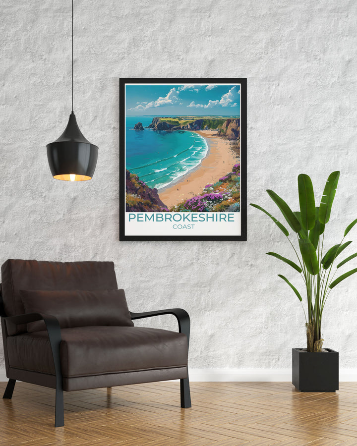 National Park print showcasing Barafundle Bay in Pembrokeshire Coast National Park with beautiful retro design ideal for vintage travel poster collectors and those looking to bring a piece of Wales national park into their living space.