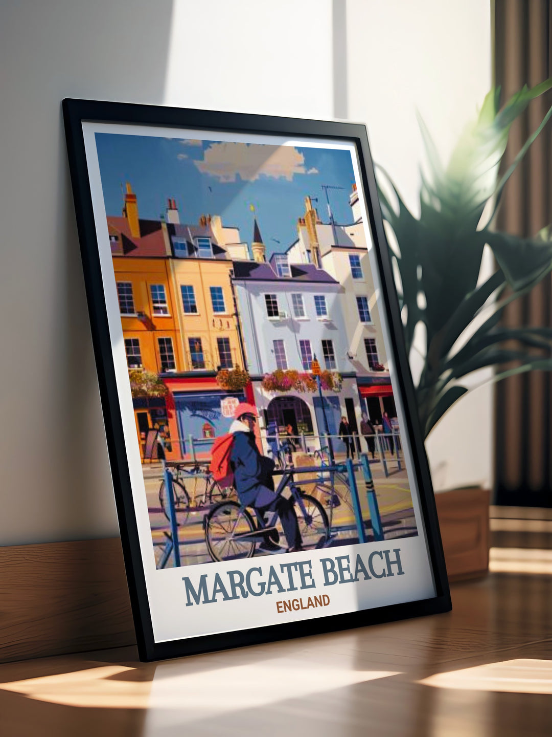 This Margate Beach Travel Print captures the lively spirit of Margates seafront alongside the historic streets of Margate Old Town. Ideal for those who love English seaside towns, this artwork adds charm and nostalgia to any living space.