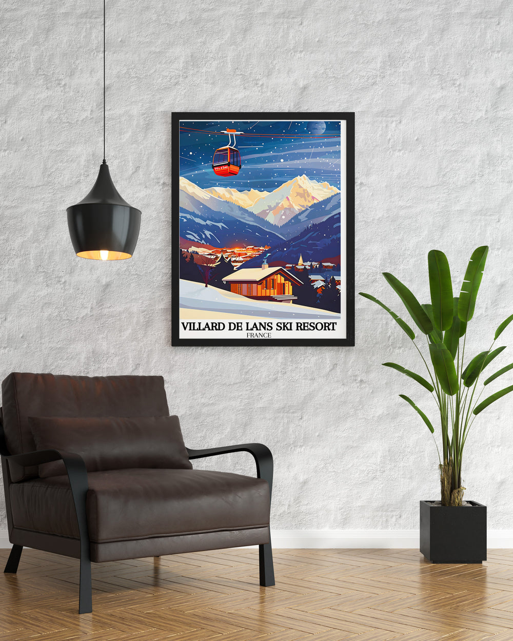 Retro ski print showcasing Villard de Lans village and the breathtaking Vercors mountains ideal for art lovers or travelers looking to add a touch of the French Alps to their living space or office decor with this bold and elegant piece.