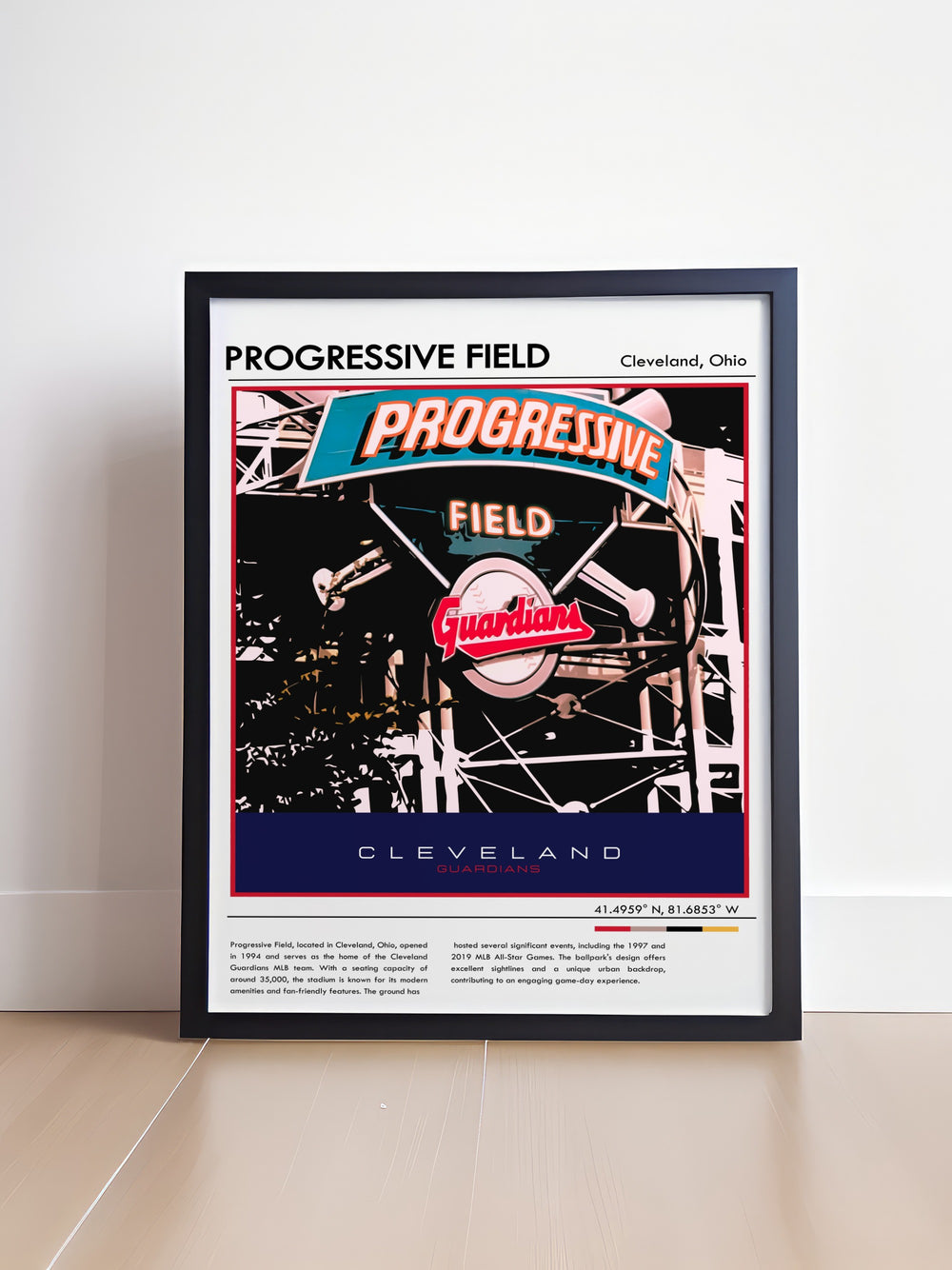 Retro MLB poster depicting Progressive Field and Cleveland Guardians with detailed illustration by Jose Ramirez