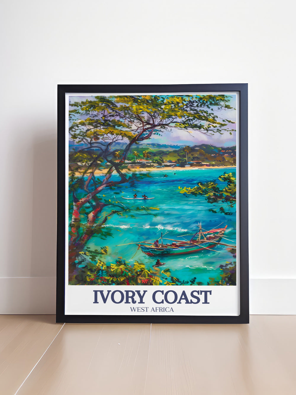 This travel poster print features the serene Assinie Mafia Lagoon and vibrant Grand Bassam Beach, two of Ivory Coasts most iconic coastal landmarks. The vintage style artwork captures the beauty of these destinations, offering a touch of African charm to any room. Perfect for travel lovers and art enthusiasts.