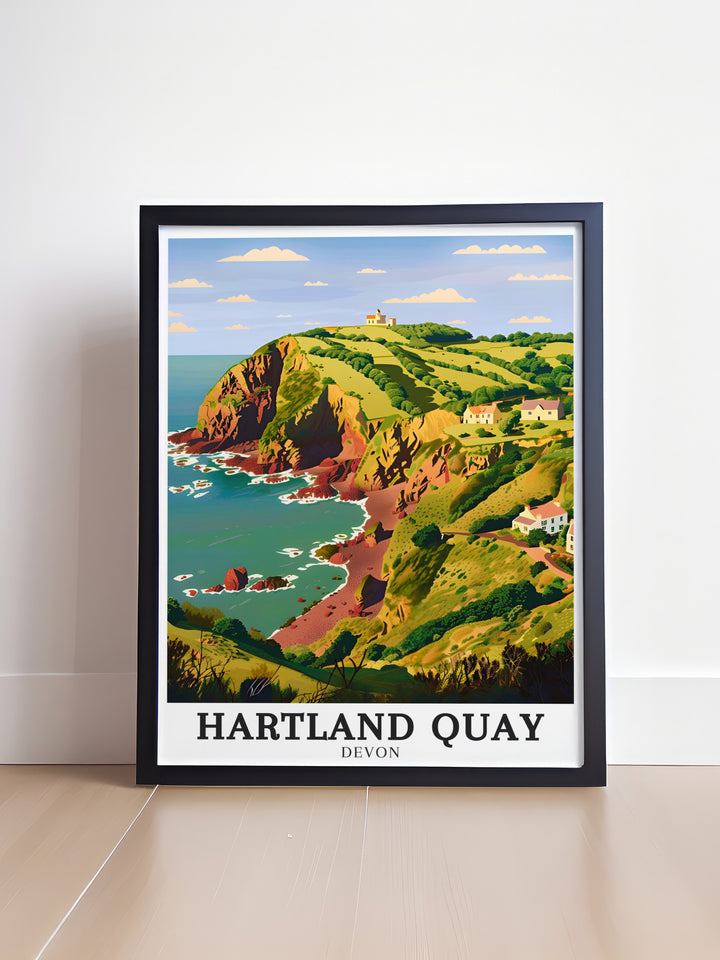 North Devon wall poster capturing the peaceful charm of the regions coastline, with its gentle hills and expansive ocean views. This print offers a calming presence in any room, ideal for creating a serene and relaxing atmosphere in your home or office.