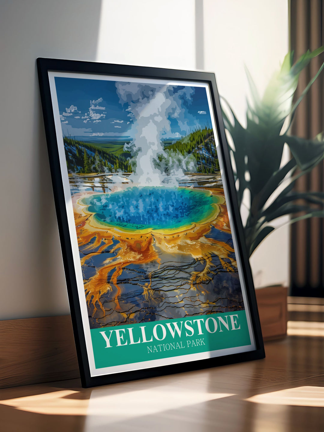 This travel poster artfully combines the vibrant colors of Grand Prismatic Spring with the breathtaking scenery of Yellowstone National Park. Perfect for home decor, it celebrates the unique beauty and stories of Americas national parks.