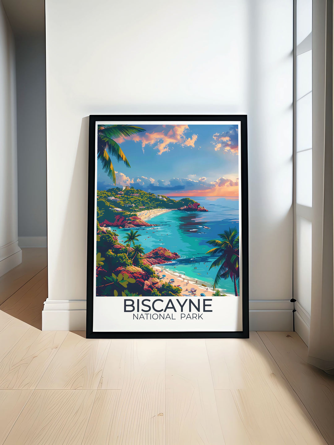 Captivating Biscayne National Park poster featuring the serene Elliot Key Trail and vibrant coral reefs, showcasing the parks natural beauty and charm. Perfect for adding a touch of outdoor elegance to your home decor.