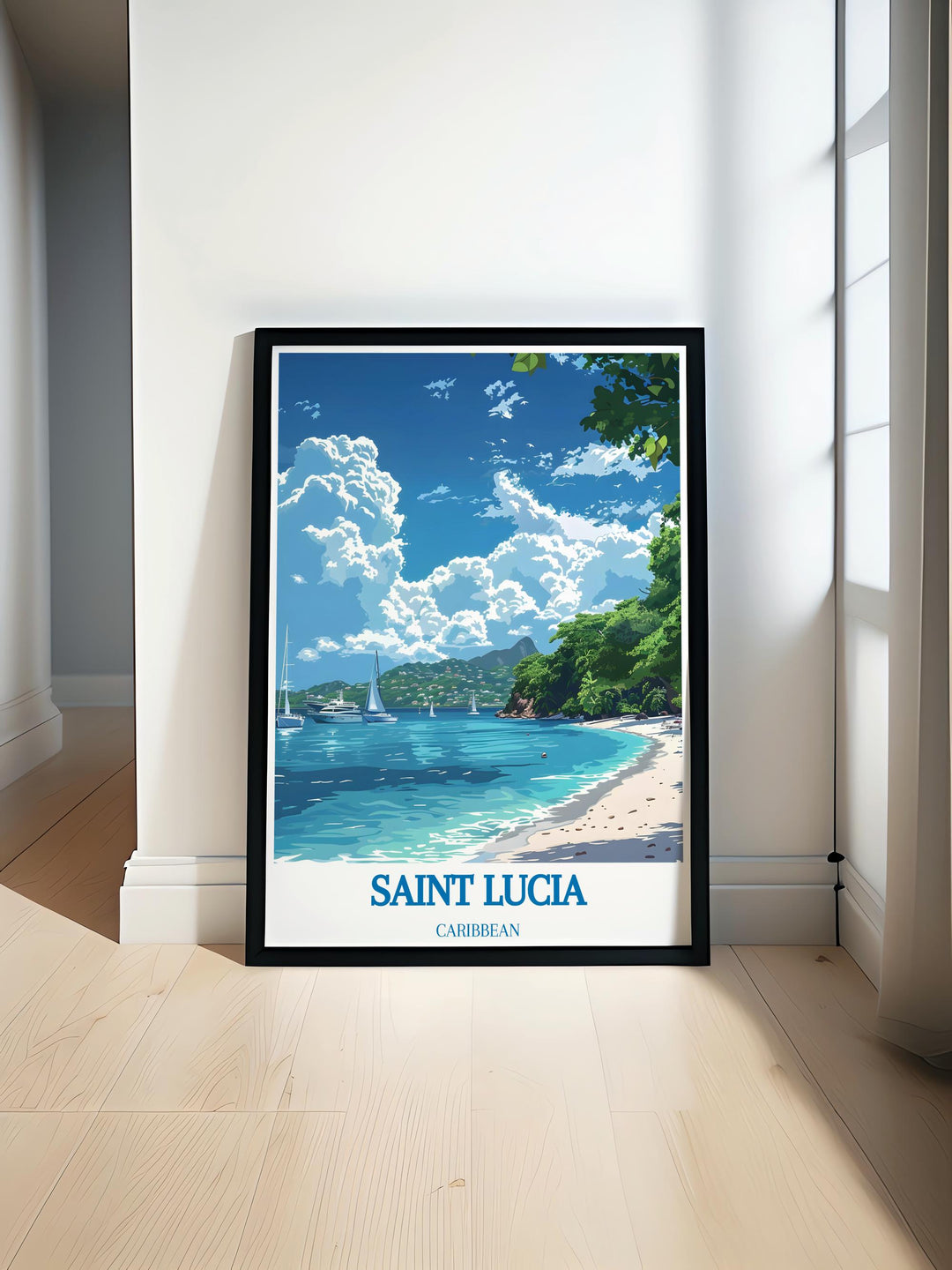 Saint Lucia Travel Poster showcasing Marigot Bay vibrant Caribbean Wall Art perfect for traveler gifts and Christmas gifts adding a touch of tropical elegance to any room with stunning colors and a tranquil escape reminiscent of Saint Lucias breathtaking landscapes