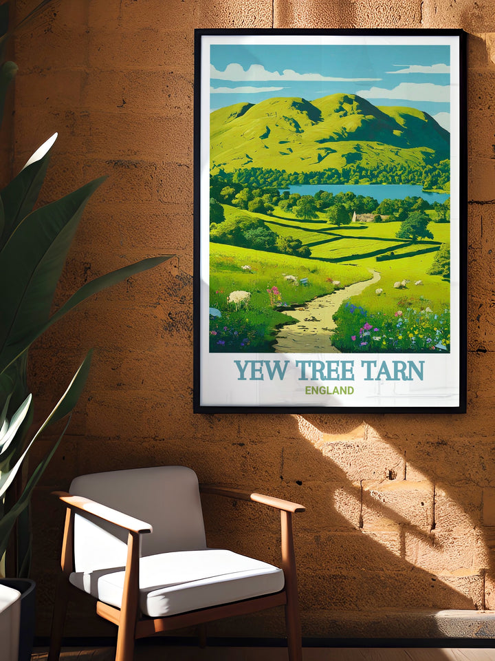 Yew Tree Tarn Lake District print showcasing the serene beauty of the tranquil waters and lush greenery with Loughrigg Fell in the background. Perfect for nature lovers and travel enthusiasts, this print captures the essence of the Lake District.