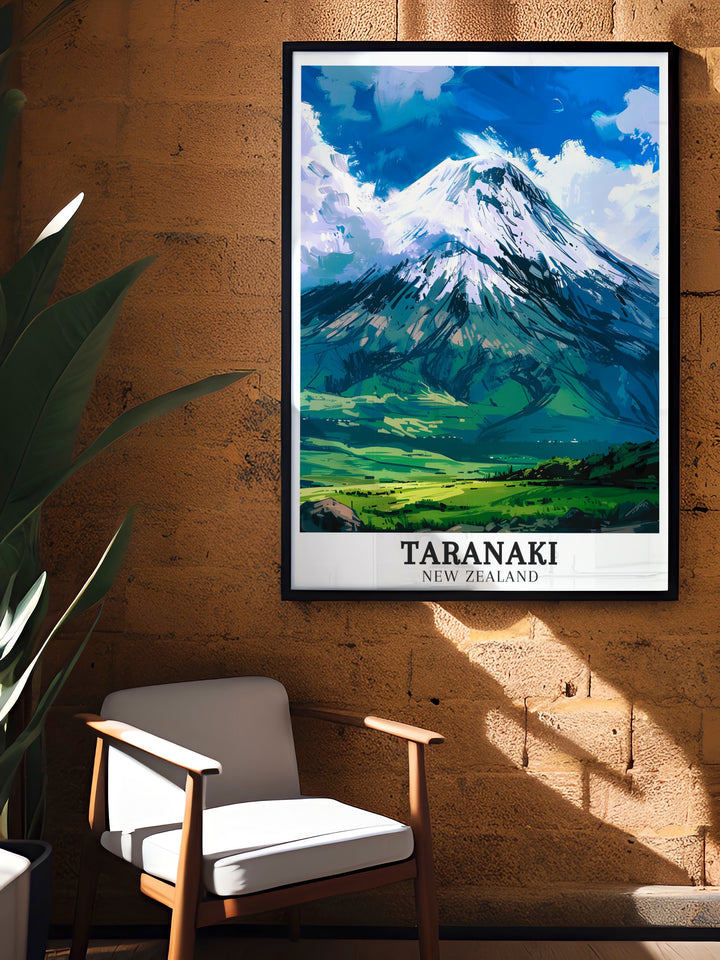 Vibrant Mount Taranaki artwork featuring the stunning Egmont National Park area designed to be an elegant addition to your home decor or as a thoughtful New Zealand gift