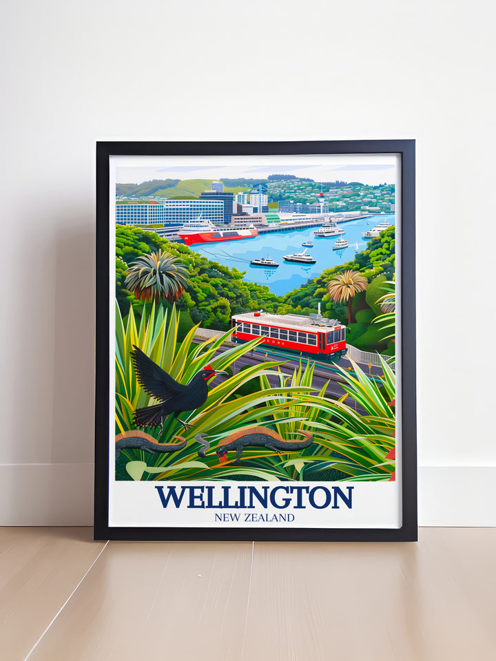 Wellington wall art featuring the stunning waterfront and the Zealandia sanctuary brings together the best of both city and nature. This travel print is perfect for those who appreciate New Zealands balance of urban life and untouched landscapes, making it a stylish addition to any room.