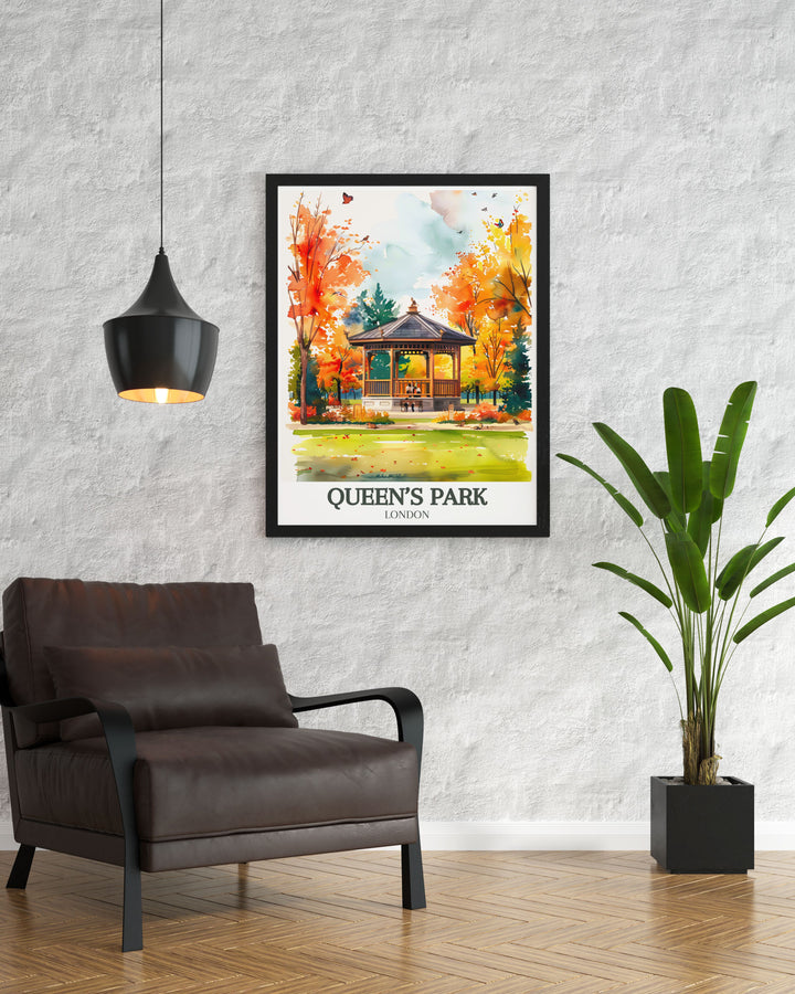 London travel poster of Queens Park Rangers with Queens Park Bandstand and the lush beauty of Queens Park London a beautiful and nostalgic piece of art