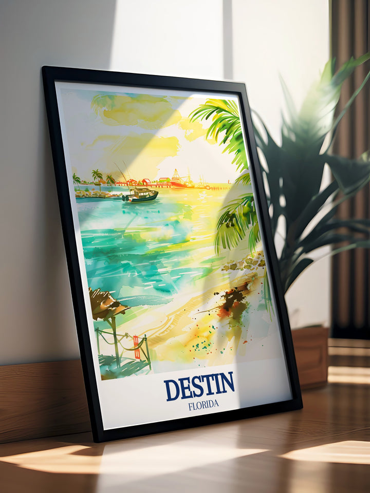 Destin Print highlights the serene beauty of Destin Harbor and the lively charm of Crab Island. This wall art is ideal for those who appreciate Floridas coastal lifestyle and want to celebrate the beauty of the Gulf Coast in their home décor.