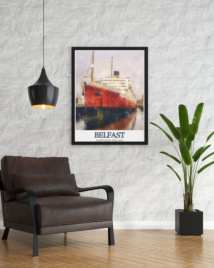 Unique Titanic Belfast SS Nomadic poster highlighting the historic charm of Belfasts shipbuilding heritage. This Ireland artwork is a great gift idea for those who appreciate Belfast city art and want to bring UK art into their space.