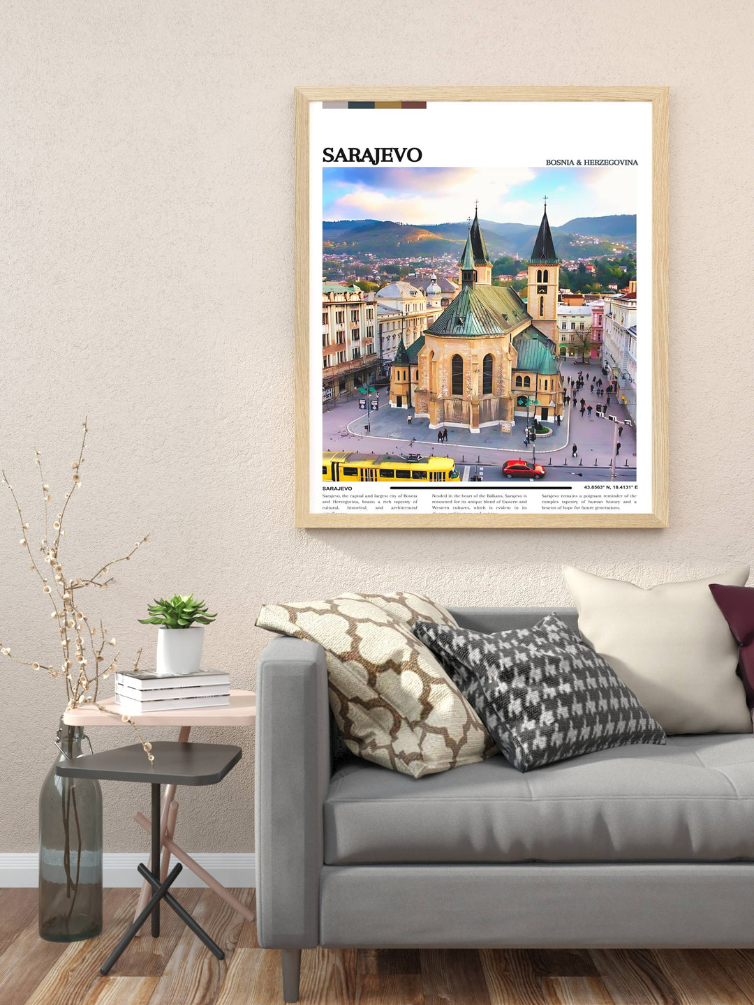 Beautiful Sarajevo painting capturing the essence of the citys vibrant culture and history. A perfect addition to your home decor, this Sarajevo artwork serves as a stunning piece that enhances the aesthetic appeal of your living space with its rich colors and detailed design.