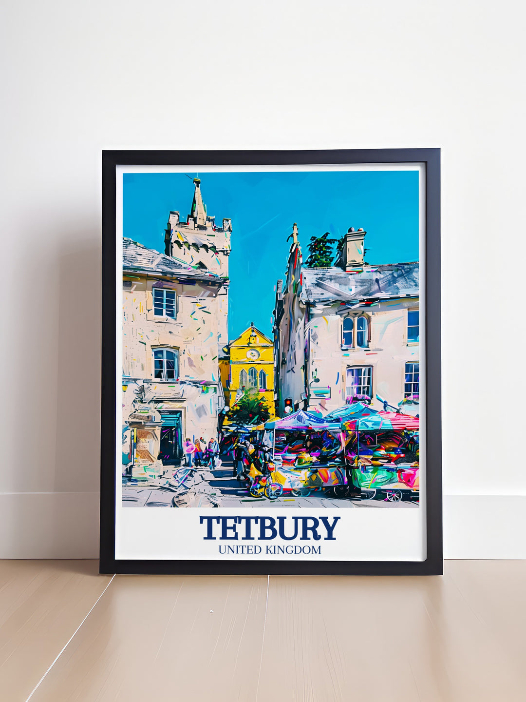 A stunning wall art print of Tetbury, featuring the Market Square and the iconic Town Hall. The detailed artwork highlights the historical significance of this Cotswold town, making it a must have for lovers of English countryside charm and architecture.