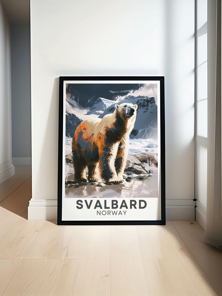 Stunning Svalbard poster featuring Polar Bears in their natural habitat. This travel poster print with a beautiful color palette is perfect for home decor and makes an ideal vintage poster and personalized gift.