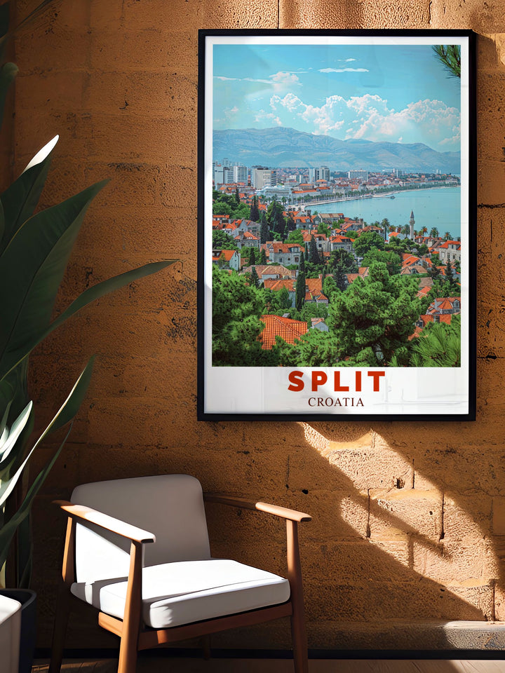 This Croatia Canvas Art beautifully combines Splits ancient cityscape with the lush greenery of Marjan Hill. Its the perfect way to add a touch of Croatian culture to your living space. Whether for your home, office, or gallery, this travel poster offers a unique artistic representation of Splits famous landmarks.