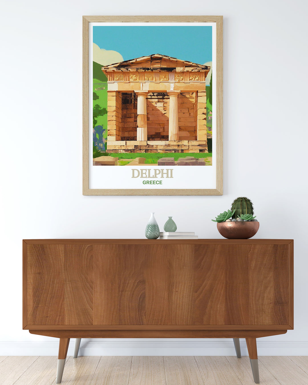 Delphi Greece wall art showcasing the breathtaking ruins of this ancient site, with the Athenian Treasury prominently featured. This travel print is a beautiful representation of Greeces rich cultural heritage, perfect for inspiring a love for history and mythology.