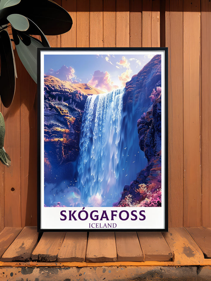 Captivating Skogafoss Waterfall Poster Print illustrating the awe inspiring flow of water and the rugged Icelandic terrain providing a stunning visual that enhances any room with its natural beauty and elegance making it a perfect choice for Waterfall Perfect Wall Decor and Vintage Travel Print