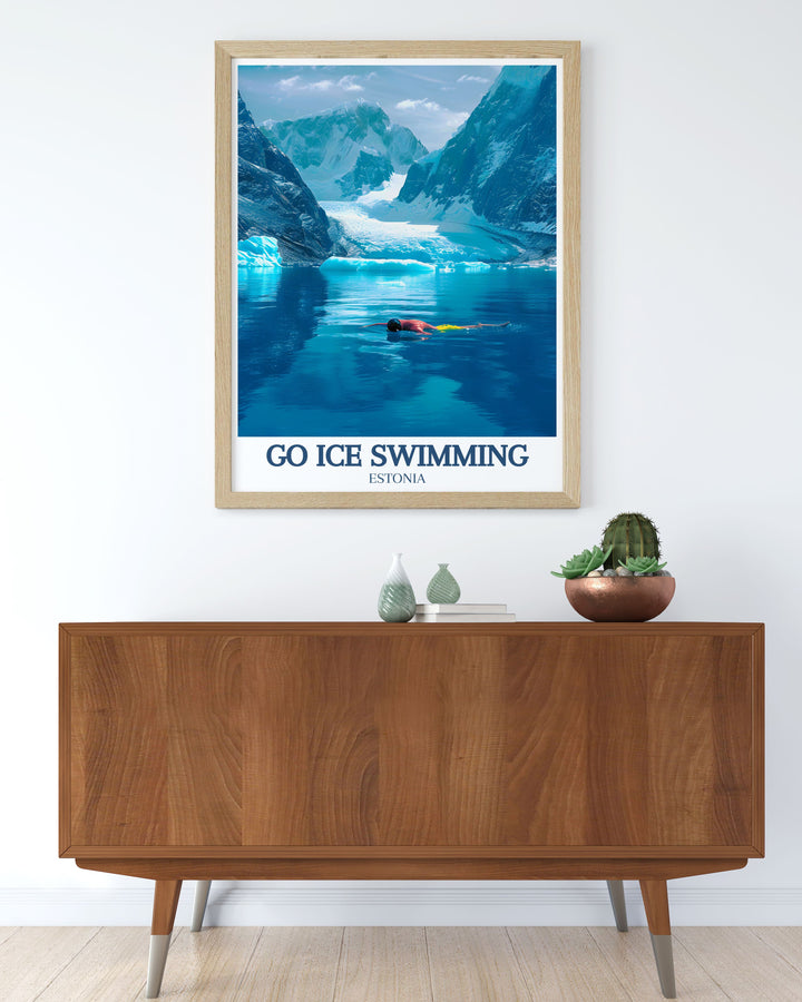 Experience the breathtaking beauty of Antarctica with this Go Ice Swimming Poster, featuring swimmers daring the cold waters of the Ross Ice Shelf. A perfect gift for those who love outdoor challenges and extreme sports, this poster brings the spirit of adventure into your home.