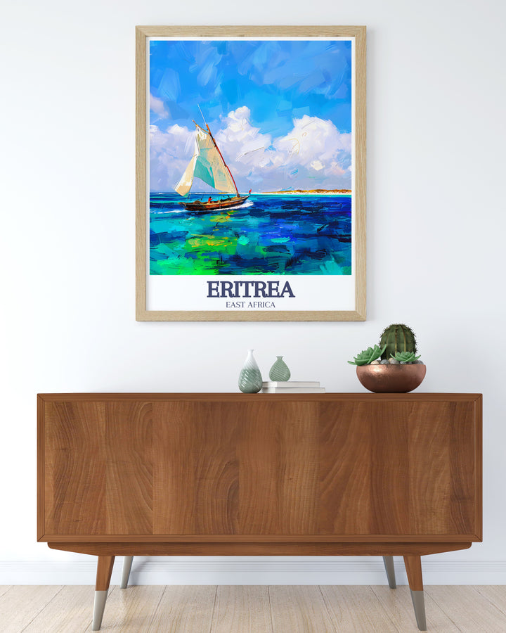 Eritrea Poster Print showcasing the vibrant coastal landscapes of Dahlak Island and the Red Sea, ideal for anyone looking to enhance their home with a travel inspired artwork.