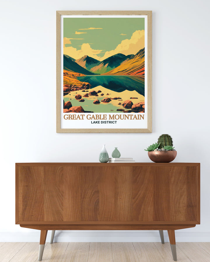 This vintage travel poster of Great Gable evokes the classic charm of Englands national parks. With soft, muted colors and a timeless design, this poster captures the grandeur of Great Gable Mountain and its surrounding landscapes. Perfect for anyone with a love for vintage art and the outdoors, this poster brings a nostalgic touch to any room.