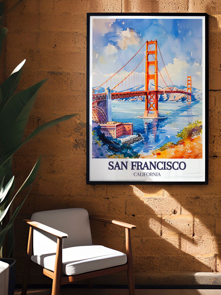 Our Golden Gate Bridge Wall Poster showcases the famous structure in stunning detail. The artwork depicts the bridge spanning the waters of the Bay Area, making it a perfect gift for lovers of Californias scenic beauty.