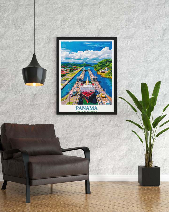 Panama Wall Art featuring the iconic Panama Canal and the lush landscapes surrounding it in Central America. This canvas art is ideal for those who love travel, history, and the beauty of tropical destinations, making it a standout piece for any room.