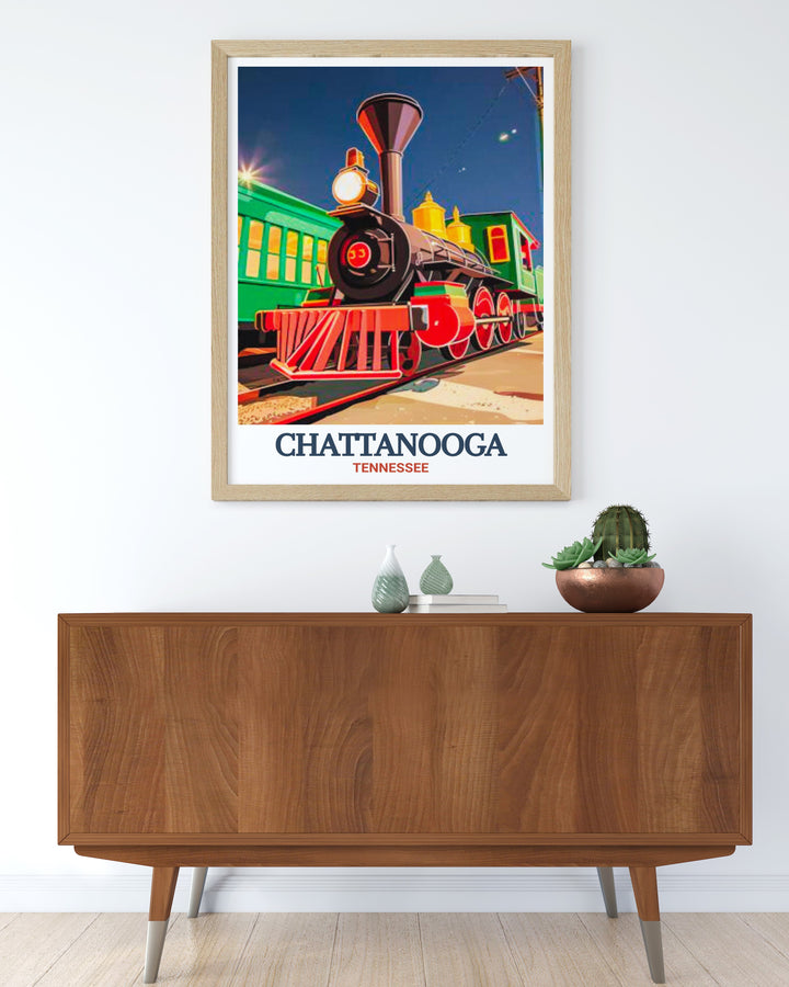 Chattanooga Choo Choo Travel Art Print offering a stylish black and white representation of the citys most beloved landmarks including the train station and Botanical Garden perfect for anyone who wants to bring the spirit of Chattanooga into their home