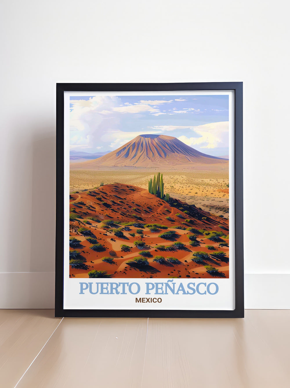 Vintage poster of Puerto Peñasco highlighting the unique desert landscape of El Pinacate, capturing the stark beauty and otherworldly charm of this biosphere reserve. This print is a wonderful way to celebrate the rich natural heritage of Mexicos deserts in a stylish and timeless piece.