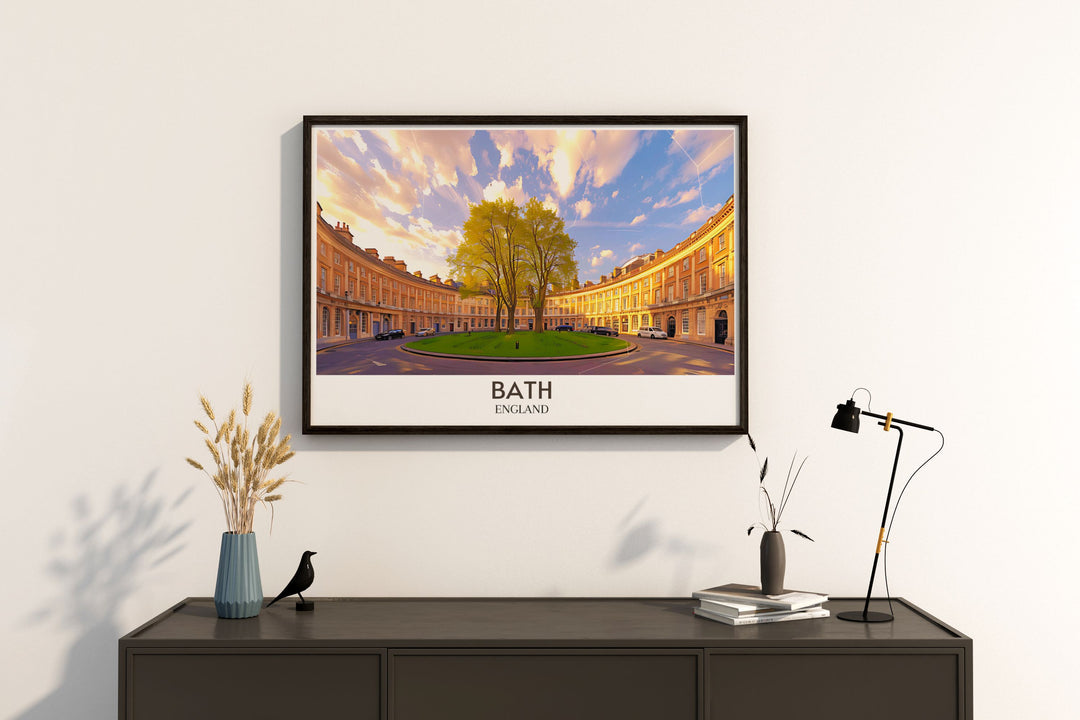 Panoramic view of The Circus in Bath, England, depicted in a stunning travel poster that brings historical architecture to your living space.