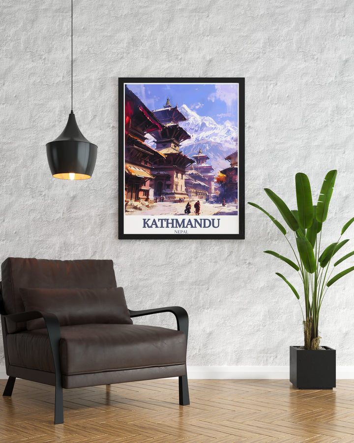 This travel poster highlights both the cultural landmarks of Kathmandu and the towering heights of Mount Everest. Ideal for any room, its a wonderful piece for travelers or lovers of Nepals rich history.