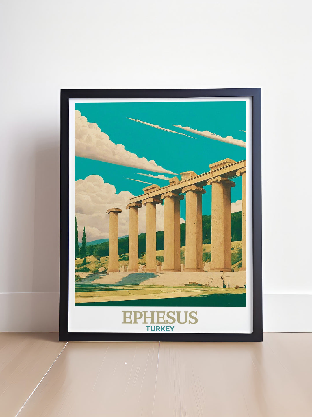 Ephesus Poster Print beautifully showcases the iconic ruins of the Temple of Artemis, one of the Seven Wonders of the Ancient World. This travel print captures the grandeur of Ephesus, Turkey, and serves as a stunning piece of art for history lovers.