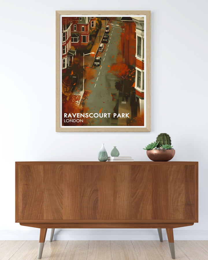Stunning Ravenscourt Park Residentials Wall Art capturing the serene landscape of the park surrounded by greenery and historic plane trees. This print adds elegance and calmness to your living space, perfect for art enthusiasts.