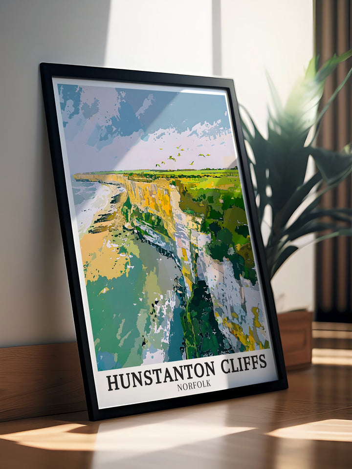 Hunstanton Cliffs travel poster offering a breathtaking view of the iconic cliffs along the northwestern coast of Europe. This print brings the beauty of Englands coastline into your home, perfect for coastal lovers and those who enjoy exploring natural wonders.